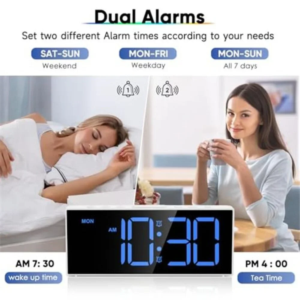 Large Digital Alarm Clock Big Numbers Dual Alarm USB Mirror LED White